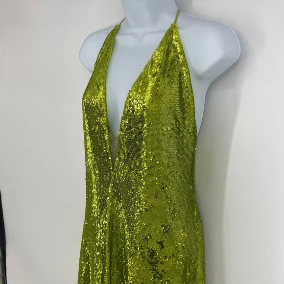 Halston Neon Kiara Green Sequin Deep V-Neck Slip Gown Floor Length Dress Size 10 - Picture 8 of 16